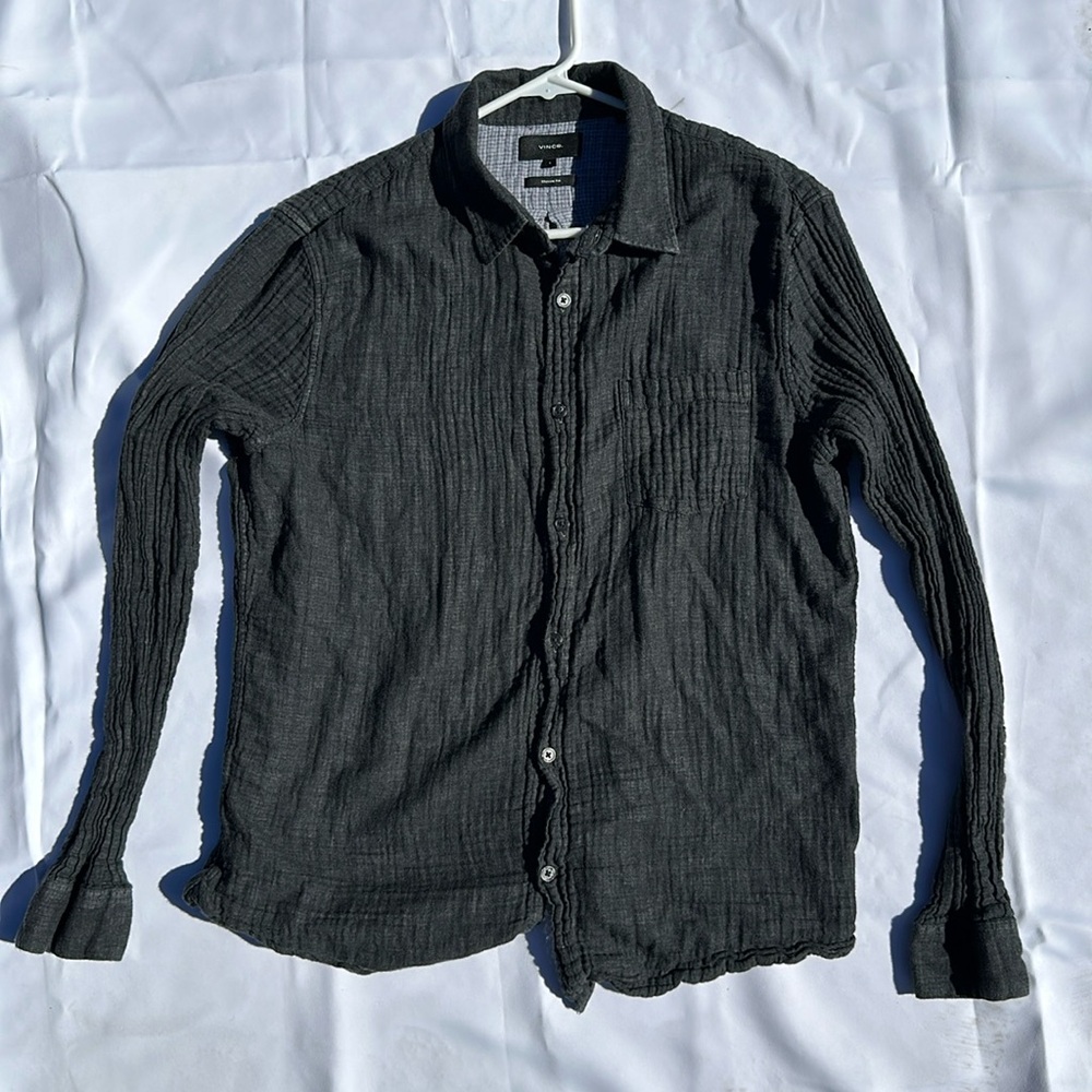 Vince Mens Cotton Button Down, Size Large, Dark Gray